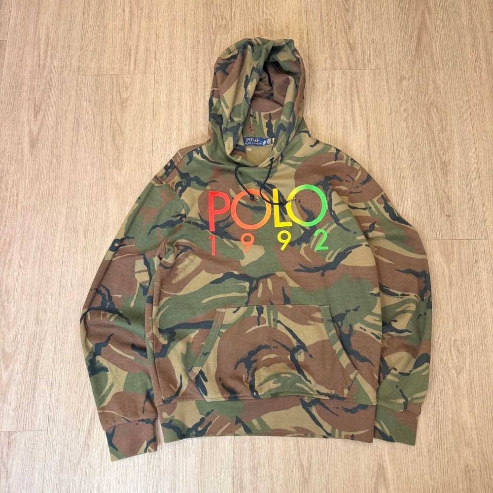 VTG Polo Ralph Lauren Mens Camo Hoodie 1992 Graphic Pullover sz Small